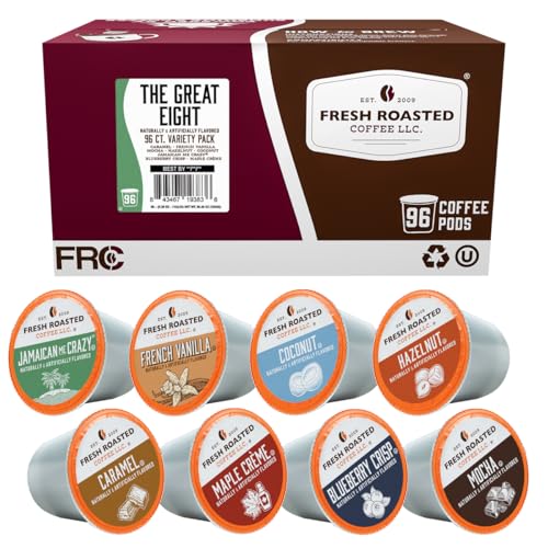Fresh Roasted Coffee, The Great Eight, Flavored Coffee Pod Variety Pack Flavored K-Cup Pods for...