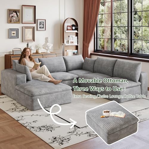 Image of 103 inch Cloud Couch Modular Sectional Sofa for Living Room, U-Shape Boneless Couch with Deep Seat, Modern Corduroy 5-Seater with Ottoman, No Assembly Required, Light Grey