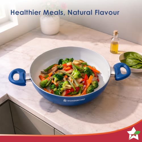 Image of Wonderchef Natura Ceramic Kadhai & Glass Lid for Cooking, 24cm, 2.5L, Non-Toxic Chemical-Free Coating, PFOA /PFAS-Free, Scratch-Resistant, Gas & Induction Compatible, 2-Yr Warranty, Teal Blue