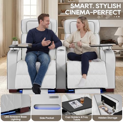 Image of Luxury Home Theater Seating - Power Recliner with Adjustable Headrests, Blue LED Ambient Lighting, Tray Table, USB & Type-C Charging (Pure White,2 Seat)
