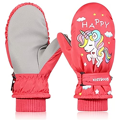 Mododo Einhorn Kinder Skihandschuhe, Mädchen Wintersport Fingerhandschuhe Wasserdicht, Outdoor Sports Warm Handschuhe Mittens für Skifahren Schneebälle-Spiel rutschfeste Handinnenflächen 6-14 Jahre Cover