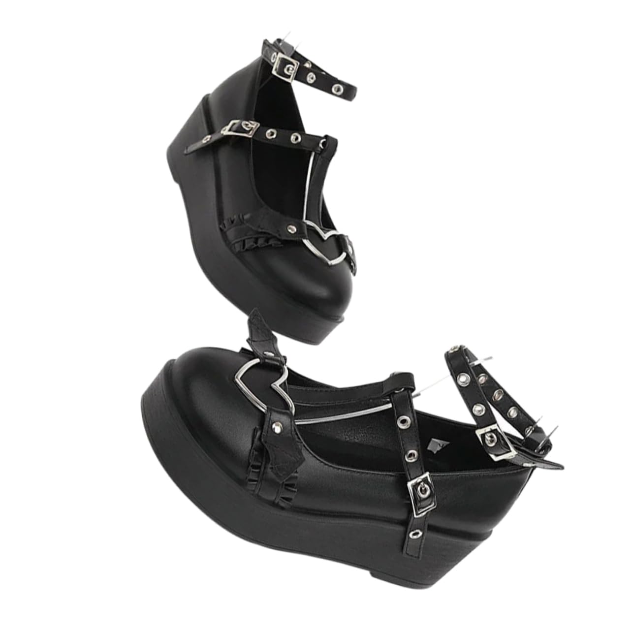 Chaussures en cuir plateforme pour femme baskets compensées rétro noir - 8