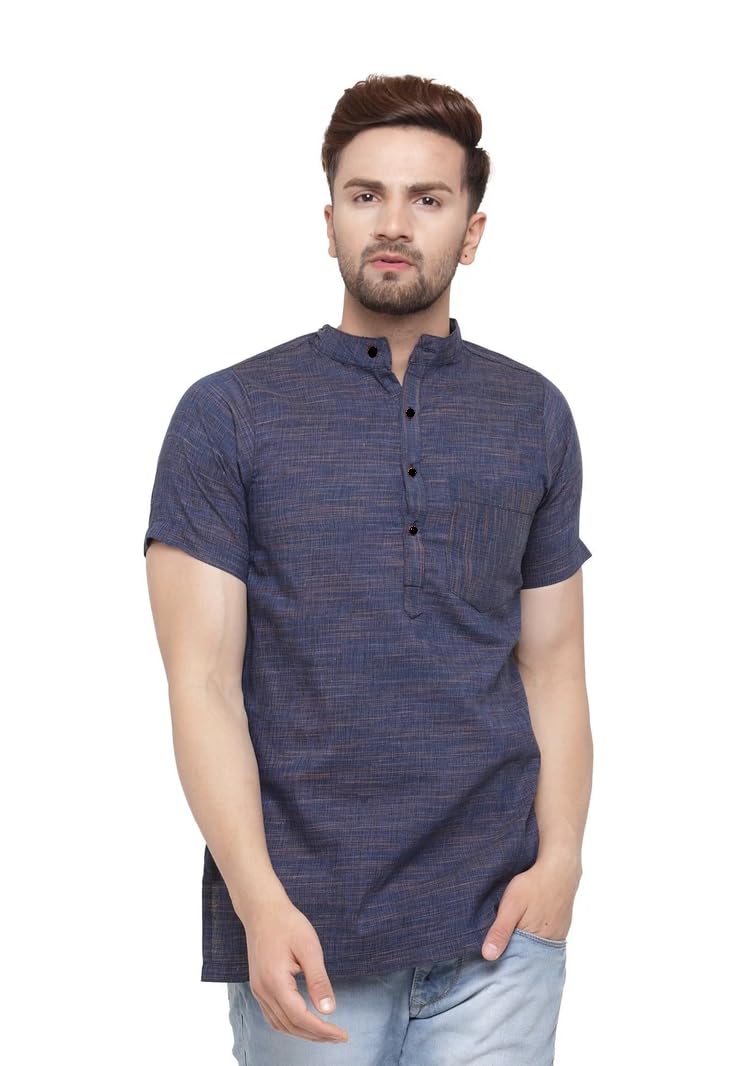 aaryavar Khadie Cotton Blend Solid Casual Regular Fit Mandarin/Chinese Collor Short Kurta for Men-picture-43