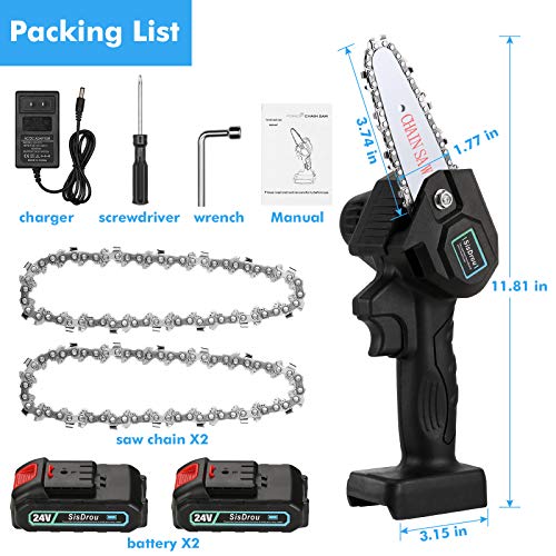 Mini Chainsaw 4-Inch Cordless, Portable Handheld Electric Saw with with 2Pcs Rechargeable Batteries and 2Pcs Chain, Adjustable Pruning Shears Chainsaw for Tree Branch Wood Cutting Tree Pruning