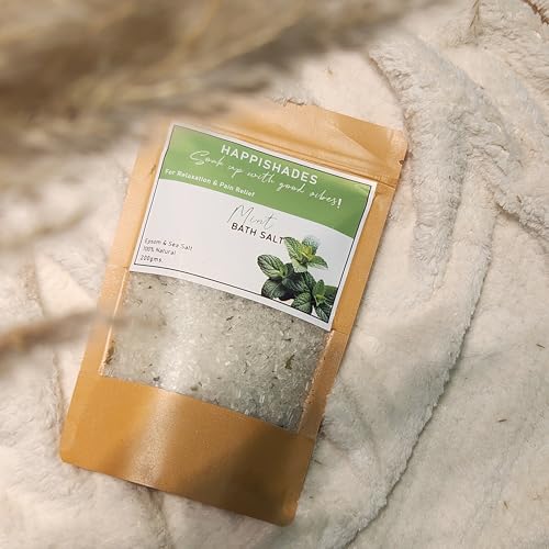 Image of Happishades Bath Salt | For Body & Foot Spa, Calming, Relaxing, Muscle Aches Pain Relief, Aromatherapy | Pure & Natural Epsom, Sea Salt & Essential Oils - 200 grams (Mint)