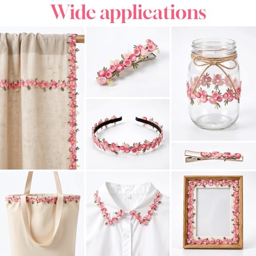 5 Yards Pink Floral Lace Ribbon for Crafts Flower Lace Trim Embroidered Ribbon Fabric Trims and Embellishments for Appliques Sewing Edging Craft Wedding DIY Party Decor Clothes Decoration