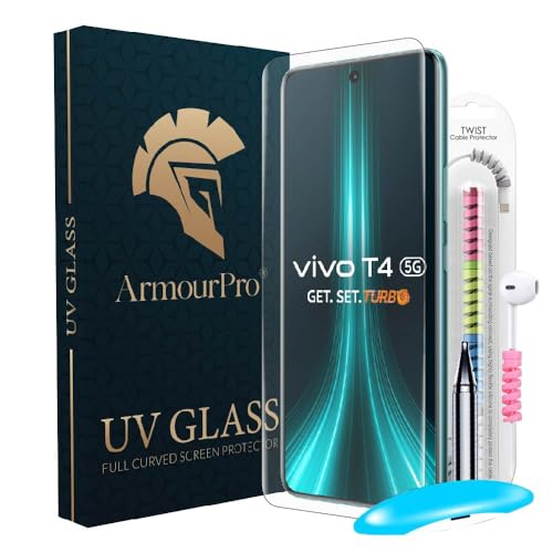 Image of ArmourPro UV Glue Tempered Glass for Vivo T4, iQOO Z10 Curved Screen Protector, 9H Anti Scratch, Edge-to-Edge Coverage, HD Clarity, Easy UV Kit with Cable Protector