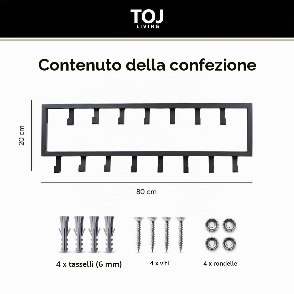 TOJ Appendiabiti da parete con 15 ganci - Appendiabiti da parete - Appendiabiti - Acciaio inossidabile - 80CM - Nero opaco