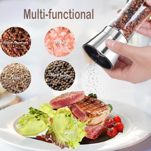 Image of Salt and Pepper Grinder Set, Black Pepper Mill Refillable and Adjustable Coarseness Ceramic Core, Manual Salt Shaker (Spices Free)