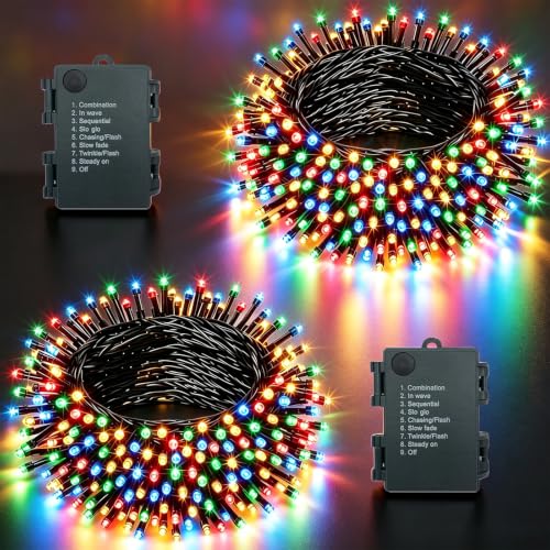 MOLVCE Guirnalda Luces Pilas Luces LED 8 Modo Impermeable Temporizador para Exterior o Interiores Cadena Decoración 5m 50LEDs, 2 Pack, Decorativas para Navidad, Halloween, Boda, Color