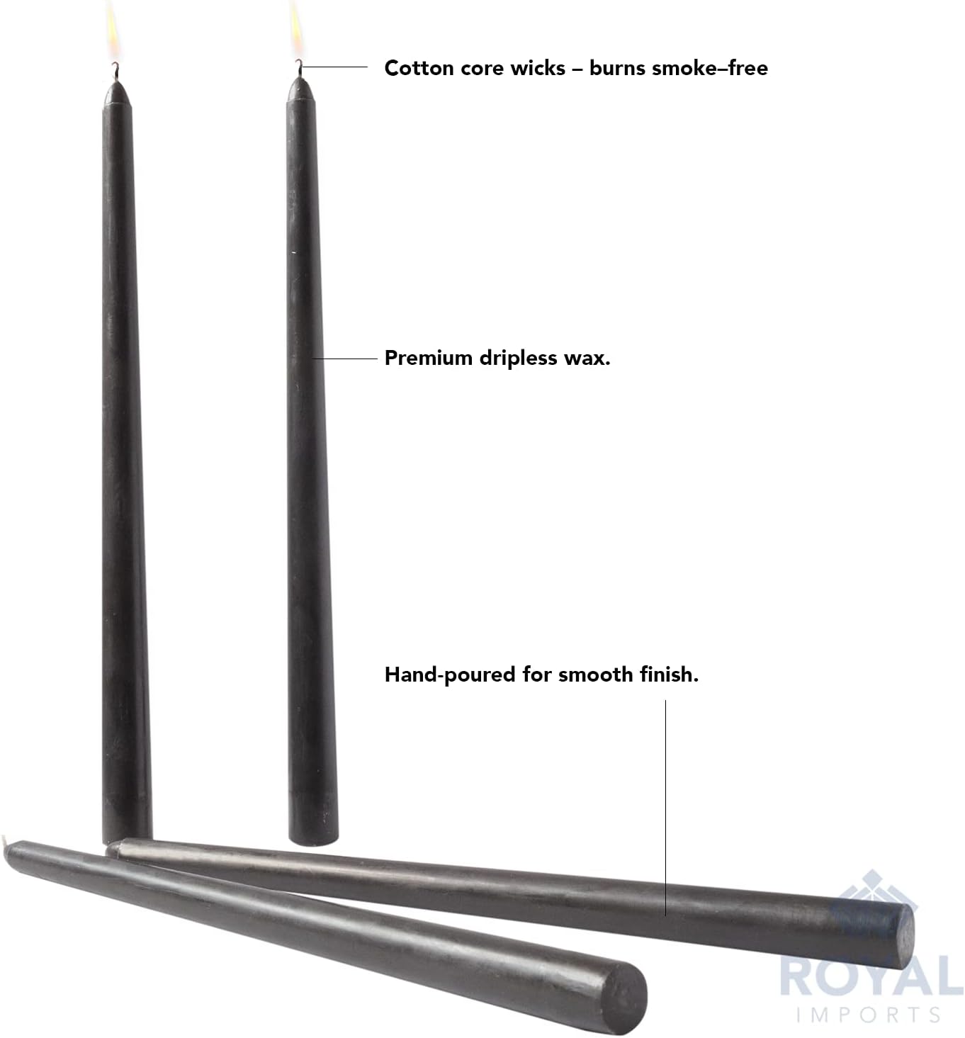 Royal Imports Unscented Taper Candles, Elegant Premium Quality, Dripless & Smokeless, Hand-Dipped Dinner Candles for Wedding, Holiday, Home Decor - 9 Hour Burn Time - Set of 12 (12 Inch, Black)
