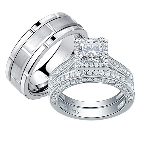 Newshe Wedding Rings Set for Him and Her Women Mens Tungsten Bands Sterling Silver Princess Cz 9&7