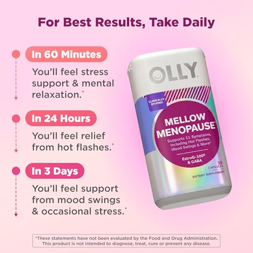 Image of OLLY Mellow Menopause Supplements for Women, Supports Hot Flashes, Vaginal Dryness & Occasional Mood Swings,* Estro-G100, GABA, Vegan Capsules, 1 Month Supply - 30 Count
