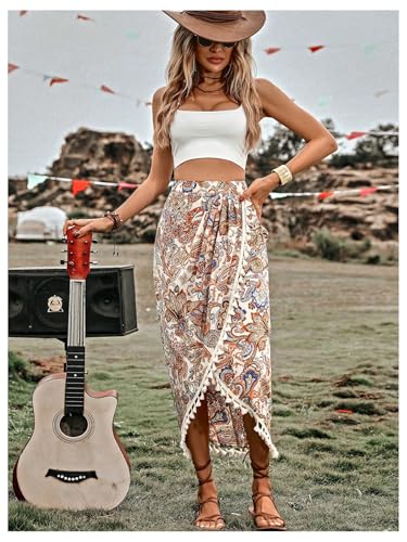 Verdusa Women's Paisley Print Wrap Fringe Skirt Boho High Waisted AWestern Symmetrical Long Skirts4