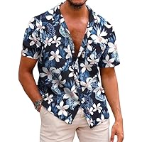 COOFADNY Hawaiian Shirt Homme Chemise à Manches Courtes Coton Blouse Florale Chemises de Plage Chemise de Vacances sans Froissement Boutonnée A-Noir M