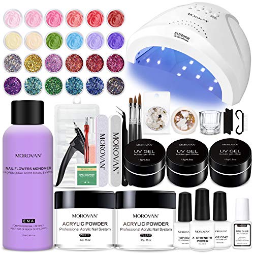 Morovan Acrylic Nail Kit - Glitter Acrylic Powder and Monomer Nail Liquid Nails Kit Acrylic Set with 48W Nail Lamp UV Gel Primer for Acrylic Nails