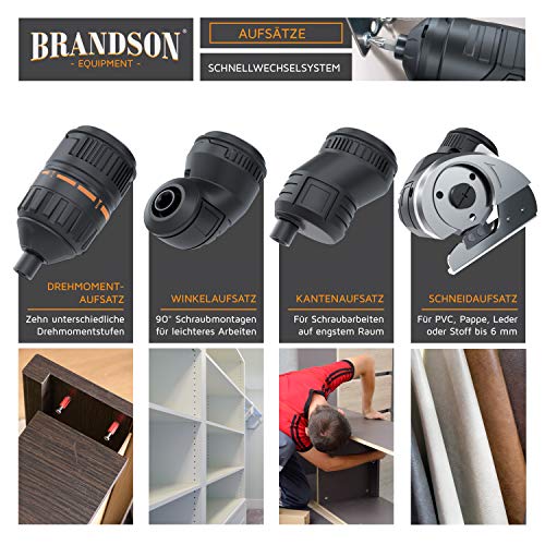 Brandson Akkuschrauber mit Drehmomentaufsatz Schneidaufsatz Winkelaufsatz Exzenteraufsatz 1,5 Ah Lithium Ionen Akku und umfangreichem Zubehör Bitset 2 Drehrichtungen LED Transportkoffer – Bild 3