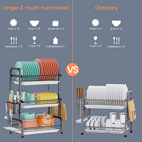 Dish Drying Rack, Cambond 201 Stainless Steel 3 Tier Dish Rack with Drain Board, Utensil Holder, Cutting Board Holder, Rustproof Dish Drainer for Kitchen Countertop, Black - Thumbnail 2