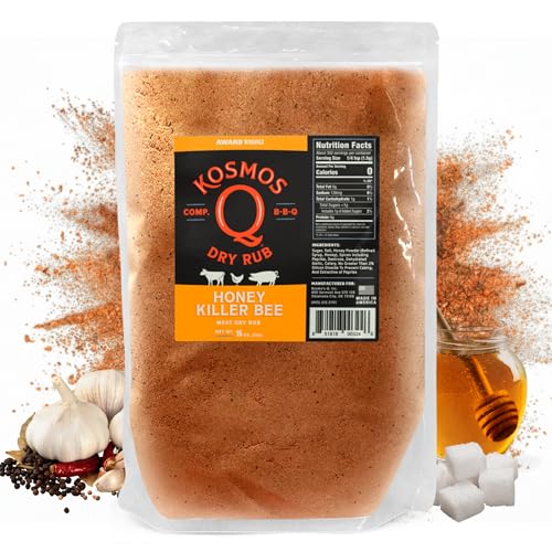 Kosmos Q Honey Killer Bee BBQ Dry Rub, Sweet Seasoning with Brown Sugar, Honey, Garlic & Paprika for Chicken, Pork, Turkey, Ribs, Wings and More, Dry Rub for Smoking & Grilling Meat, 16 Oz Bag