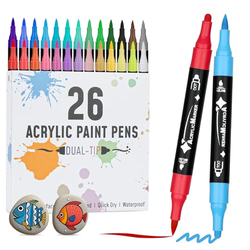 VynyQoo Lot de 26 stylos de peinture acrylique à double pointe pour peinture sur roche avec pointe extra fine de 0,5 cm, stylos de coloriage à base d'eau pour bois,...