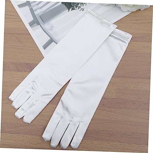 Homoyoyo Wedding Flower Girl Gloves Long Satin with Pearl Decor Elegant Full Finger Dress Gloves for Weddings4