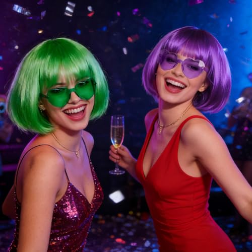 Image of DAJOOEE 2 Pack Party Wigs Wig Cap and Sunglass Set,Short Bob Hair Wigs Straight with Flat Bangs Synthetic Colorful Cosplay Daily Party Neon Wig for Women (Green Purple)