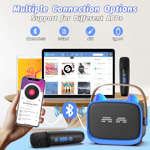 Image of Mini Karaoke Machine Toys Gifts,Kids Portable MP3 Player with 2 Wireless Microphone and LED,Christmas Birthday Gifts for Girls Boys 3 4 5 6 7 8+ Year Old (Blue)