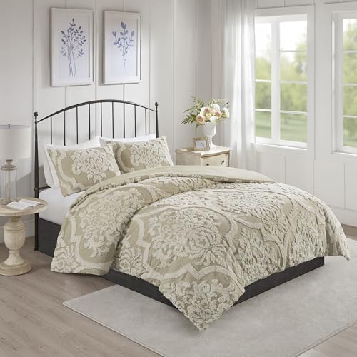 Image of Madison Park Tufted Chenille Cotton Comforter All Season Bedding Set, Matching Shams, Full /Queen(90 inchx90 inch), Viola, Damask Taupe 3 Piece (MP10-7102)