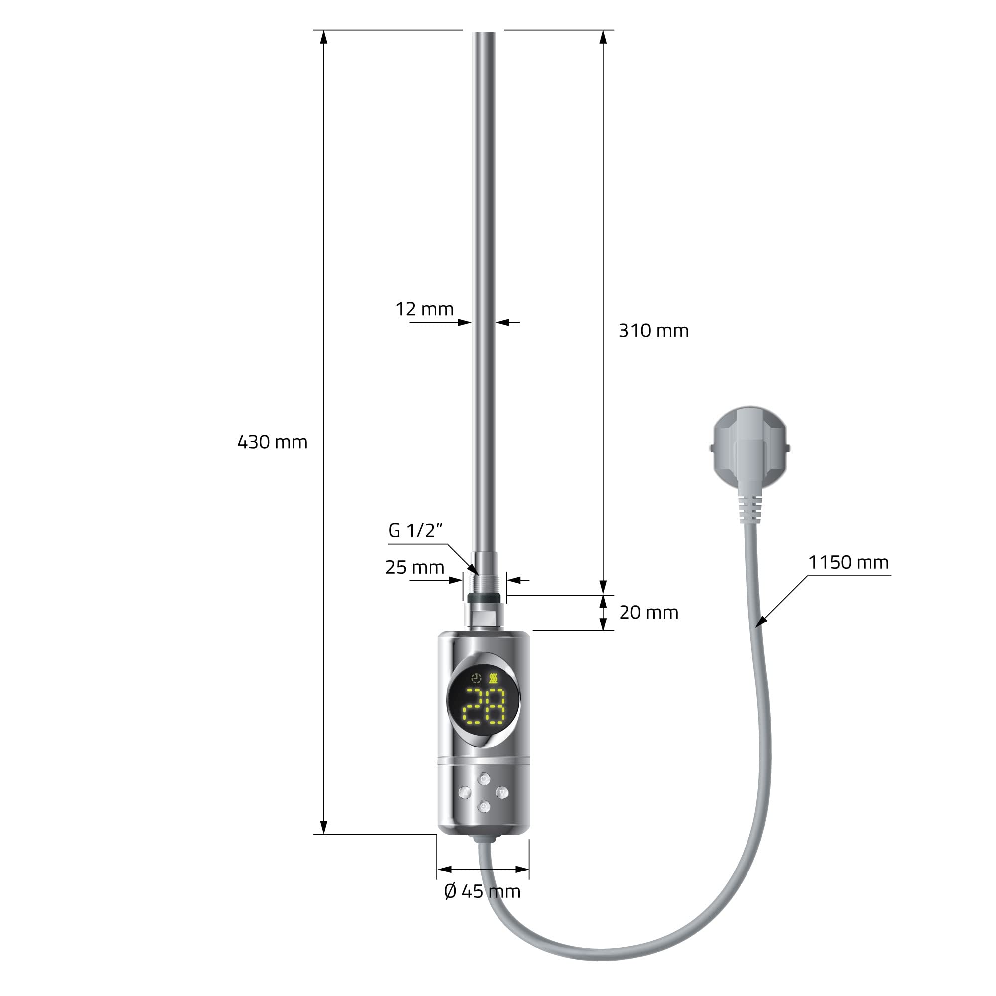 LuxeBath Radiador Eléctrico Iron EM 500 x 1000 mm Cromado, Estufa Toallera Vertical con Elemento Calefactor 300W Termostato de Pantalla Digital, Calentador de Pared de Diseño Moderno para Baño
