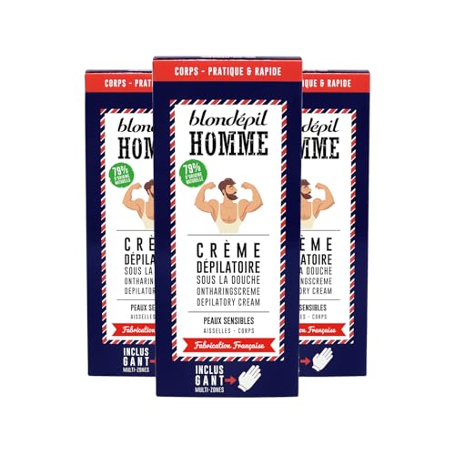 Blondépil Homme - Crema depilatoria hombre en la ducha, Para el cuerpo, Rápida y Eficaz, Apta para pieles sensibles, Hecha en Francia, Incluye guante multi-zonas, 200ml, lote de 3