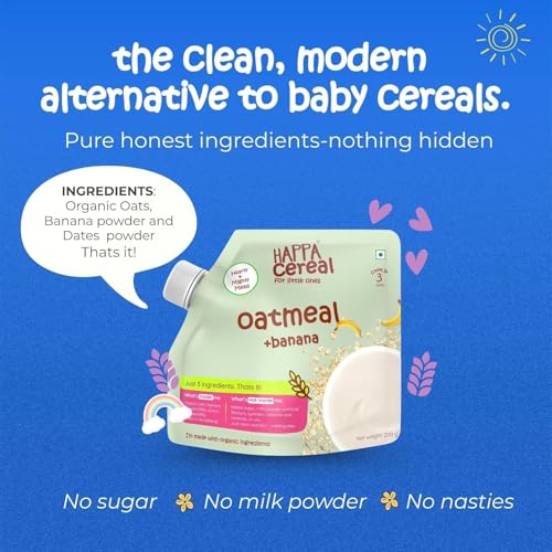 Image of Happa Oatmeal and Banana Organic Cereal for Babies | Only 2 Ingredients | No Sugar, Oil, Milk Powder, Flavours or Colours | Traditional Porridge Recipe | Cooks in 3 Minutes | Stage 2 (6 Months+) | 200g Pack