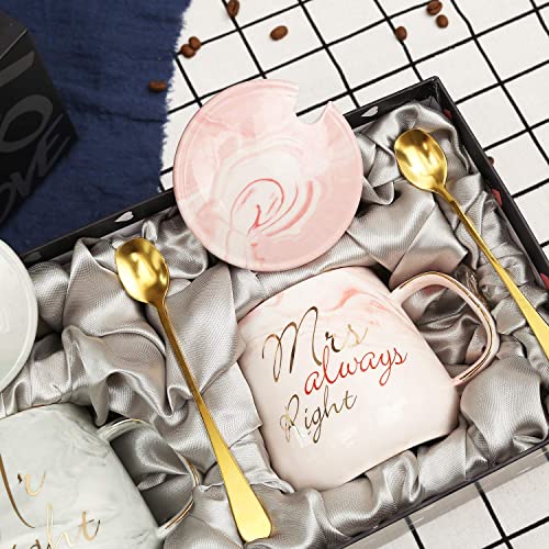 Mr Right und Mrs Always Right Kaffeetassen für Paare, Geschenk-Set für Verlobung, Hochzeit, Brautparty, Brautparty, Brautpaar für Brautpaare, Hochzeitstag, Keramik-Marmor, 370 ml, oval