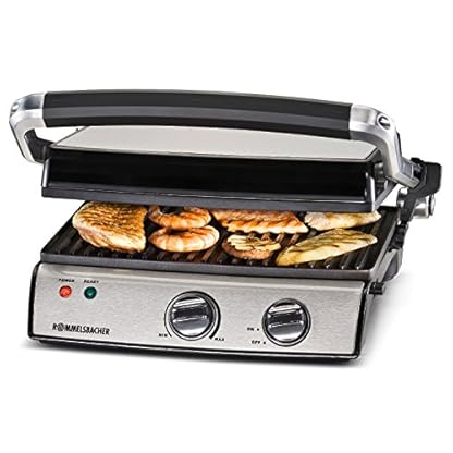 ROMMELSBACHER Kontaktgrill KG 2020 - variable Anwendungsmöglichkeiten, stufenlos regelbar, 5-fache Höhenverstellung, 2-Lagen Antihaftbeschichtung, Grillplatten herausnehmbar, Fettablauf, 2000 Watt