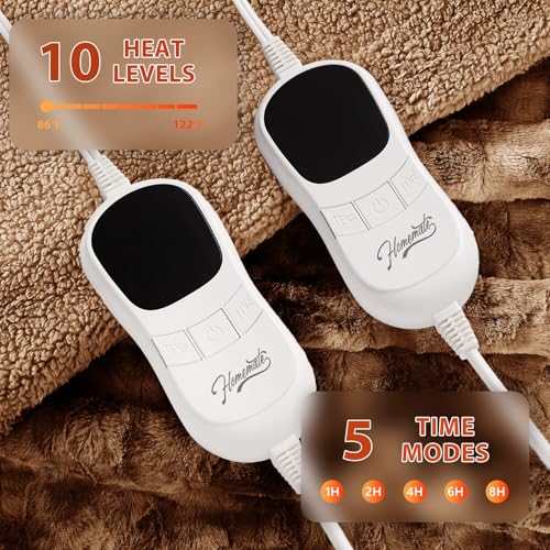 Image of Homemate Electric Heated Heating Blanket Queen Size 84 inchx90 inch Dual Control | ETL Certified 2 /4 /6 /8H Auto-Off 10 Heat Level Overheat Protection Machine Washable FauxFur Sherpa,Cold Room Cold Sleeper Gift
