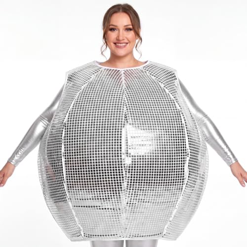 Shihanee 70s Women Disco Ball Costume Shining Disco Top Outfit Reflective Mirror Metallic Tunic Outfit with Adjustable Straps for Halloween Adults 70s Dance Party Cosplay Apparel