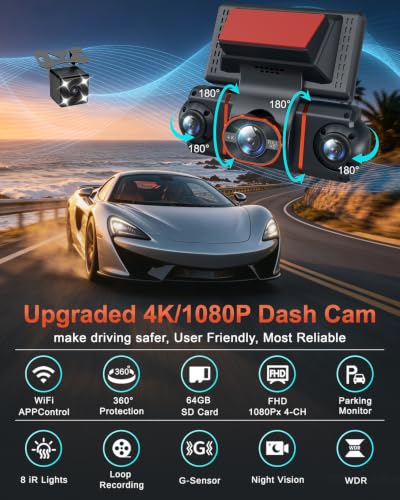 4K+1080P*3 FHD Dash Cam Front and Rear, 360° Car Camera, 5.8GHz WiFi 20MB/s - image 2