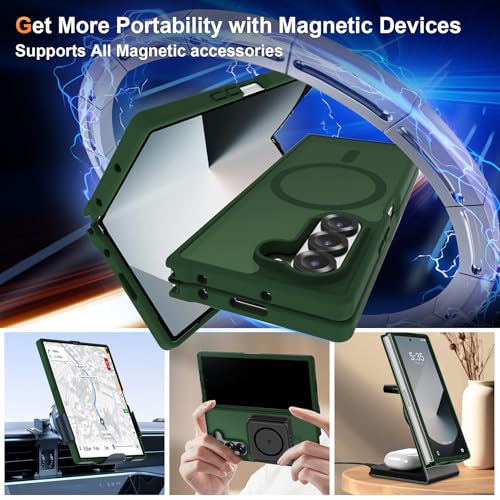 Image of ORETECH Magnetic Case Compatible with Samsung Galaxy Z Fold 6 Case, Translucent Back Non-Slip Hard PC Shockproof Bumper Protective Phone Case Cover for Samsung Z Fold 6 - Green | Translucent Back Non-Slip Hard PC Shockproof Bumper Protective Phone Cover