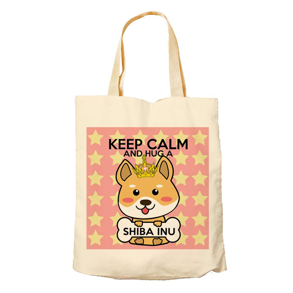 Keep Calm And Hug a Shiba Inu Dog/Pet Themed Tote Bag-Cotton Shopping Bag. Gift For Christmas, Birthday Present, Gift Idea (Natural)