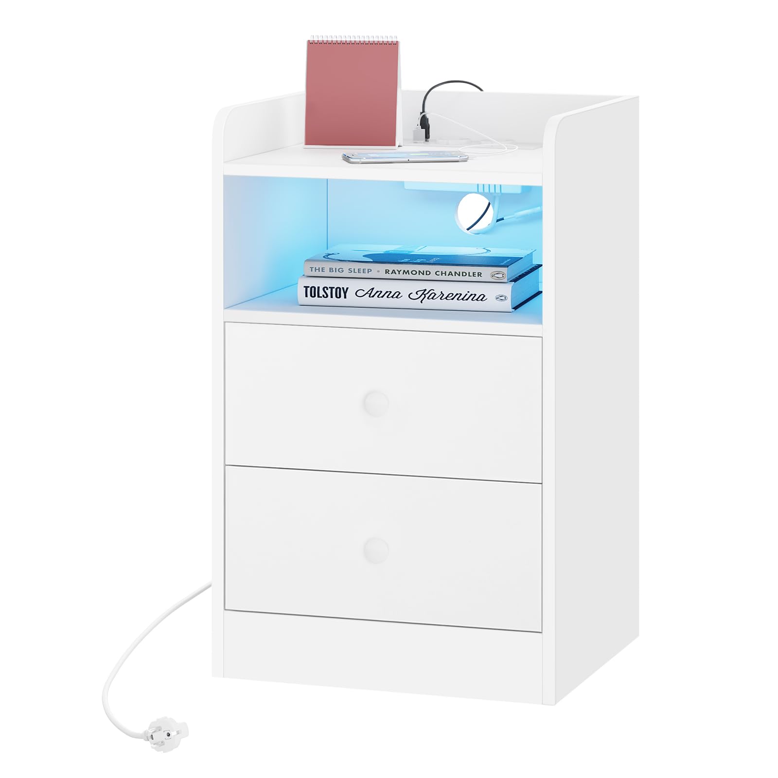 WOLTU Mesita de Noche con Estación de Carga y Luz LED, Mesa Auxiliar con Enchufes, Puertos USB, Mesa Noche de Madera con Cajones, 40x35x64 cm, para Dormitorio, Blanca, NTS07ws