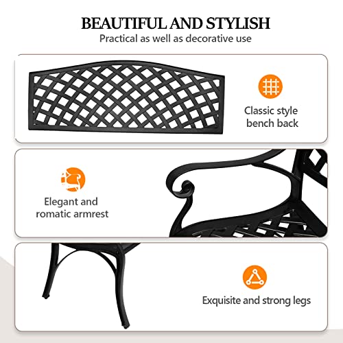 Image of VINGLI 40.5 inch Outdoor Bench Patio Garden Bench, Anti- Rust Cast Aluminum Patio Bench Front Porch Bench for Yard Lawn Entryway Deck, Black