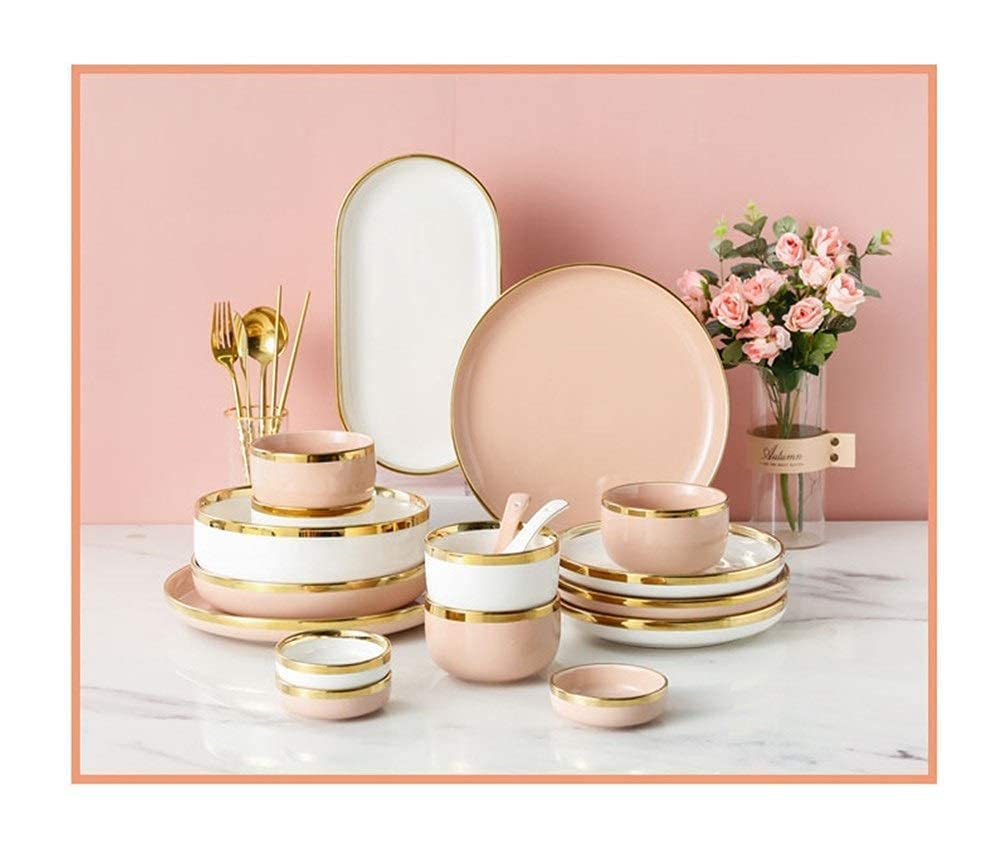 Zestaw Obiadowy, Porcelanowy Zestaw Obiadowy, Ceramiczny, Phnom Penh, Talerze I Miski, Zestawy Do Restauracji I Na Wesele, Zestaw Obiadowy W Stylu Europejskim, Różowy, Dla 2 Osób