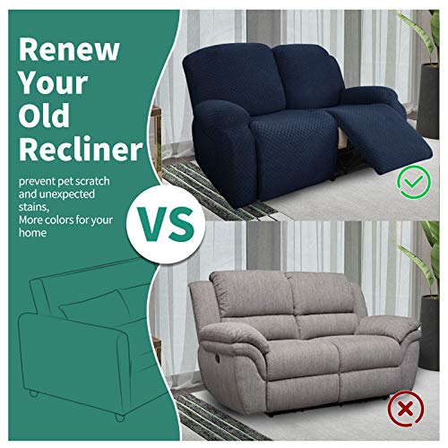 Image of YEMYHOM 6 Pieces Stretch Loveseat Recliner Slipcover Jacquard Recliner Sofa Cover with Side Pocket Fitted Recliner Cover Couch Furniture Protector with Elastic Bottom (Loveseat Recliner, Navy)