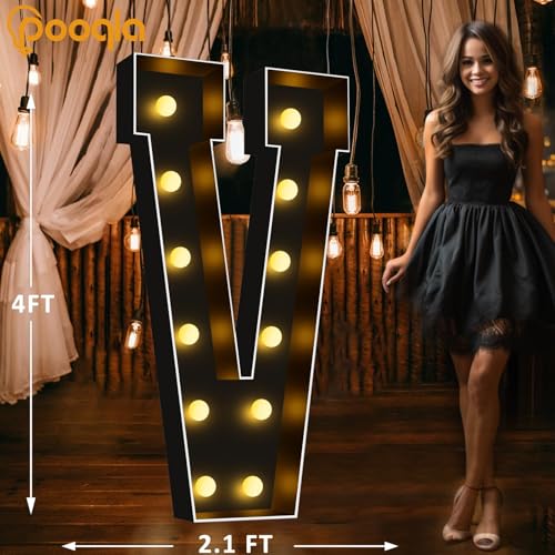 Image of Pooqla 4FT Marquee Light Up Letters, Black Large Letter V Party Decorations | LED Marquee Letters 4 Feet Tall, Black Giant Mosaic Letters Gift for Boys Men Birthday Anniversary Wedding Decoration