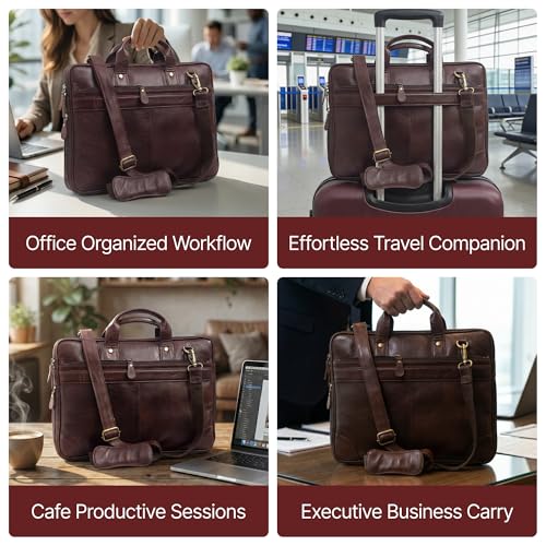 Image of TANNIT Genuine Leather Laptop Bag for Men - 15.6 inch Expandable Messenger Bag for Office Use - Water-Resistant Laptop briefcase with Multiple Compartment, Adjustable Padded Straps, Trolley Strap