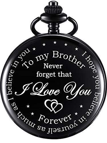 Pocket Watch Personalized Engraved for Brother, Retro Vintage Quartz Roman Numerals Pocket Watch with Chain for Men, Brother Gift Pocket Watch for Birthday Christmas Graduation (Black)