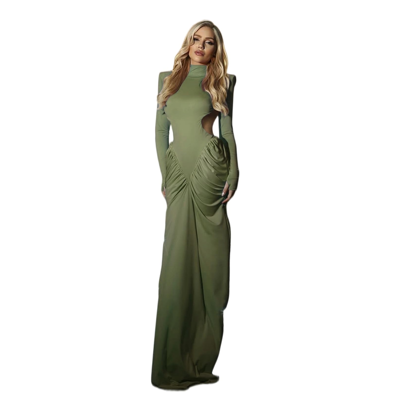 Vestito Abito Maxi Senza Schienale da Donna - Manica Lunga con Cuscinetti, Design Vita, Glutei di Pesca, Elegante E Slim Fit per Banchetti Eventi Serali-Pink-m