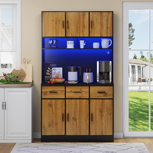 LAKFEW Alacena de Cocina con Enchufe y Iluminación LED, Armario Cocina con 6 Puertas y 3 Cajones, Alacena Cocina con Estantes Ajustables y Dispositivo Antivuelco, 100x40x180 cm, Negro+Natural