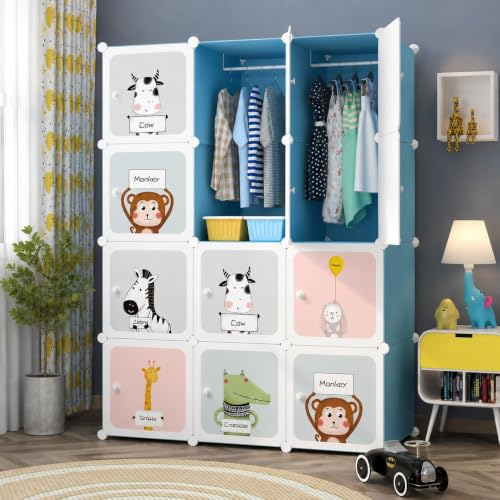 Image of 12 Door Plastic Wardrobe for Kids - Cupboard for Clothes Storage Rack, Almirah for Clothes, Baby Collapsible Wardrobe, Multi-Purpose Kids Storage Organizer for Books,Toy (Blue-KTE2, 12-Door)