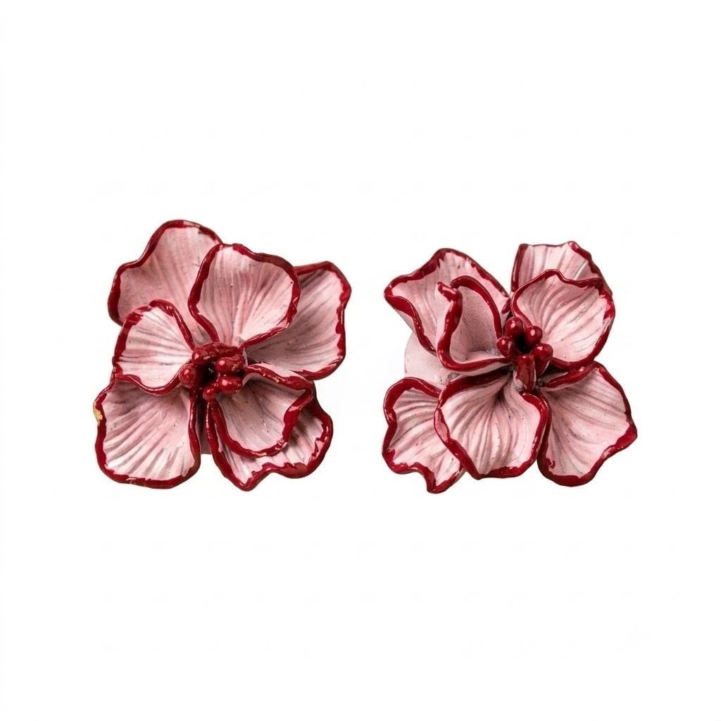 Floral Stud Earrings, Pink and Red Enamel Flower Design-picture-23