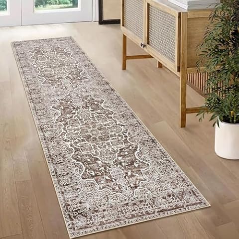 KUTA Vintage Washable Runner Rug, 2x6 Brown Runners for Hallways Non-Slip Floral Kitchen Runner Rug Ultra Soft Printed Distressed Oriental Floor Carpet Runner for Laundry Bedroom Living Room Nursery Cover